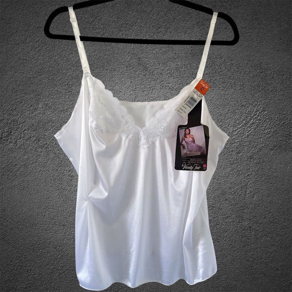 Vintage Satin Lace Piquant Trim White Cami Vanity Fair 42 L Large Nylon Antron